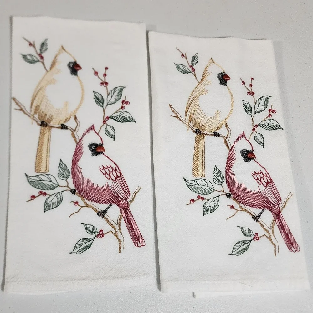 Cardinal Bird Embroidered Cotton Tea Towels Set of 2 White